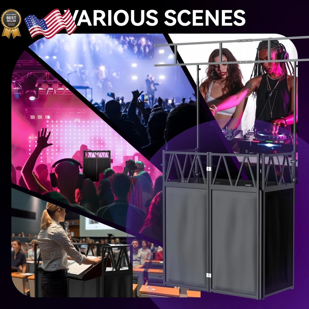Portable DJ Booth,Foldable DJ Table Stand with Light Stand White & Black