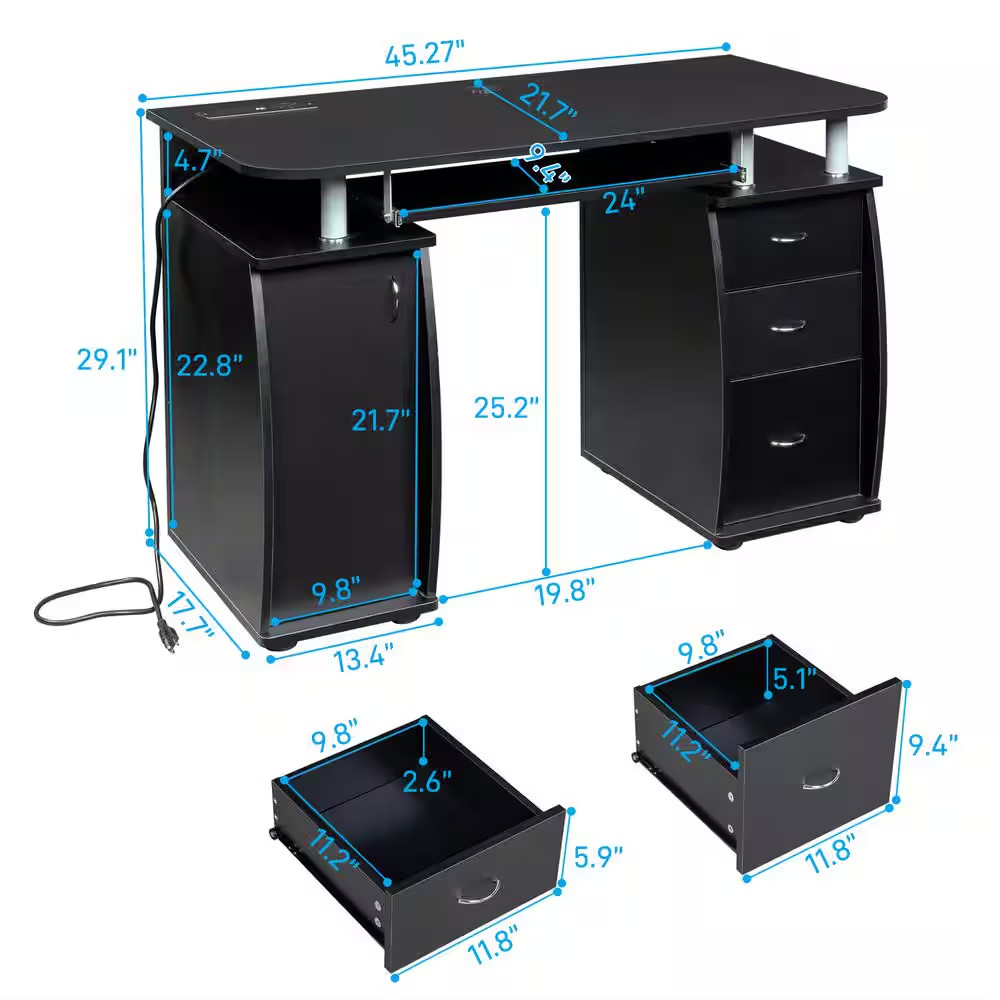 47.28 In. W Complete Workstation Black Computer Desk with Storage, 3-Drawers