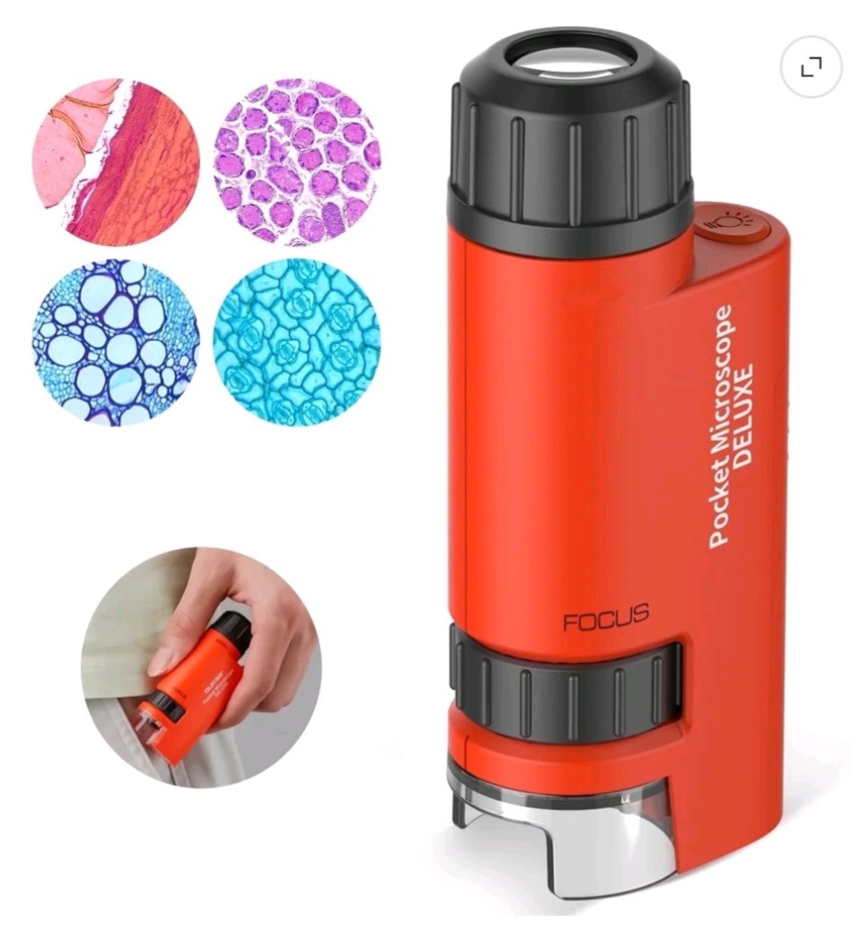 Mini Pocket Microscope Deluxe for Kids LED Light Handheld Science Lab Red Open B