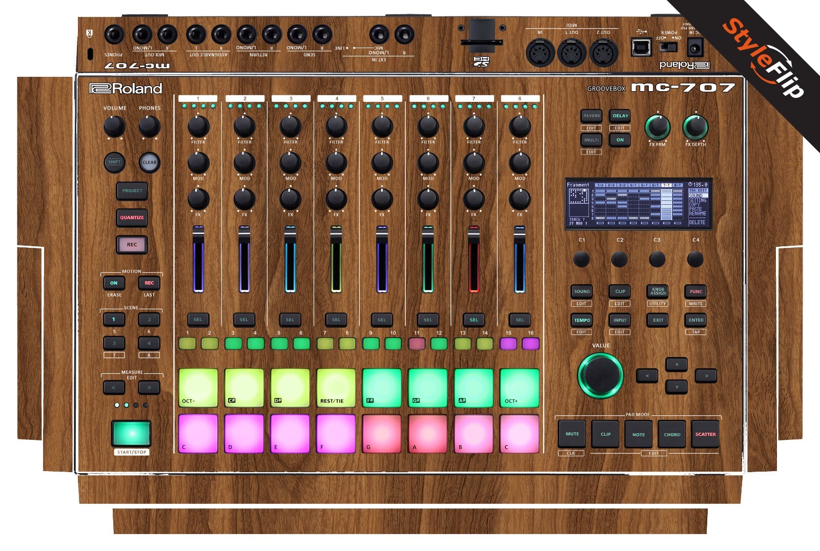 Roland MC-707 Groovebox | Wood 3 | Protective Decal | StyleFlip Skins