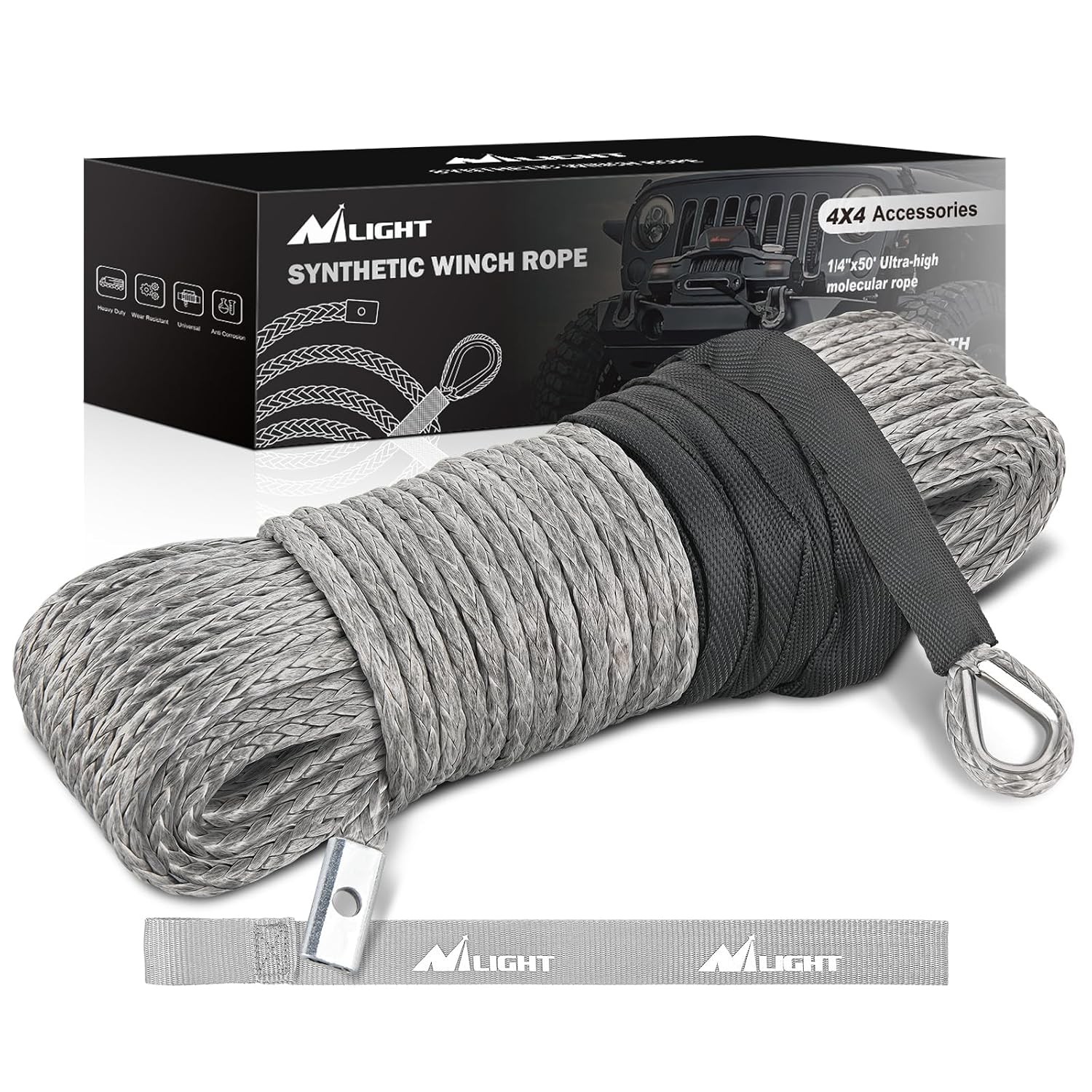 1/4 Inch 50 Feet Synthetic Winch Line Cable 9000 LBS Winch Rope 50 Foot Winch