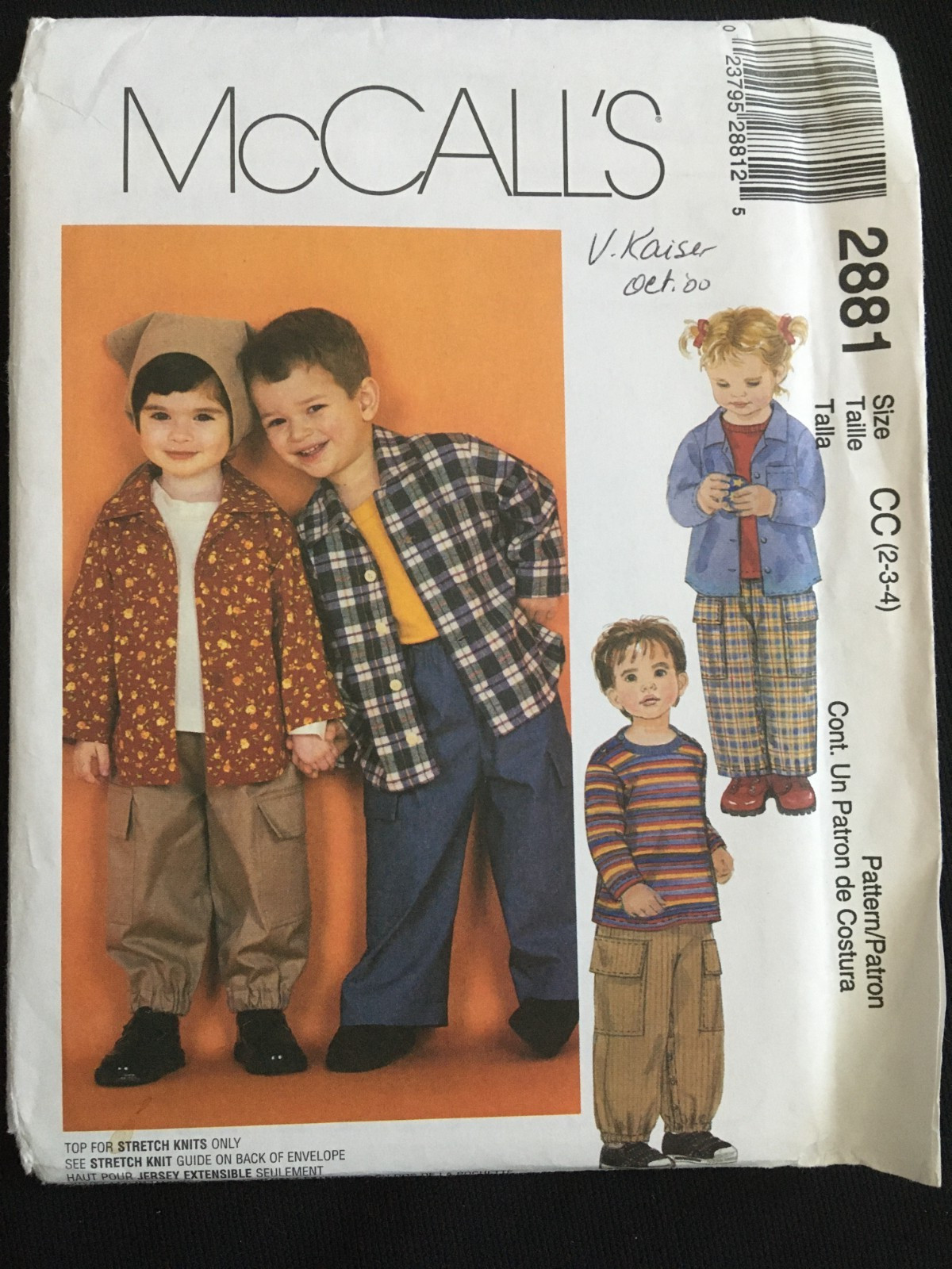 McCalls 2881 Childrens Toddlers 2,3,4 Shirt Top Pull On Cargo Pants Pattern UC