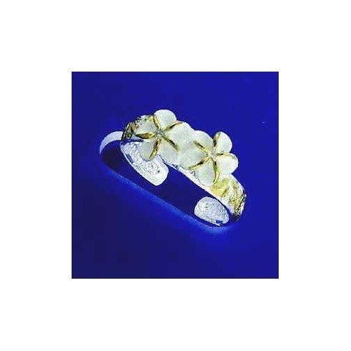 SILVER 2 TONE HAWAIIAN 2 PLUMERIA SCROLL TOE RING CZ