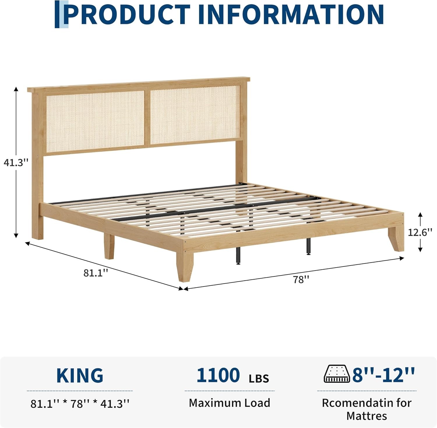 King Size Rattan Bed Frame,with LED Light & Natural Headboard,Easy Assembly NEW