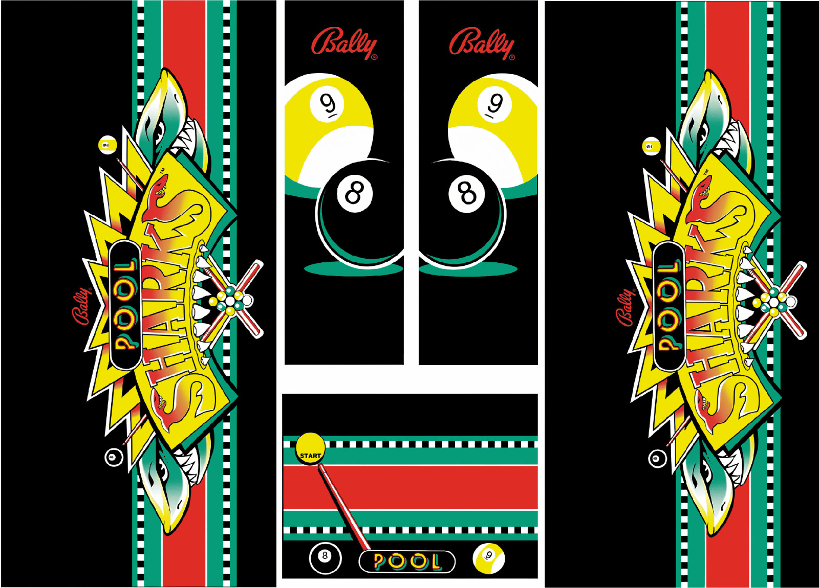 Bally Midway POOL SHARKS Pinball Machine CABINET Decal Set