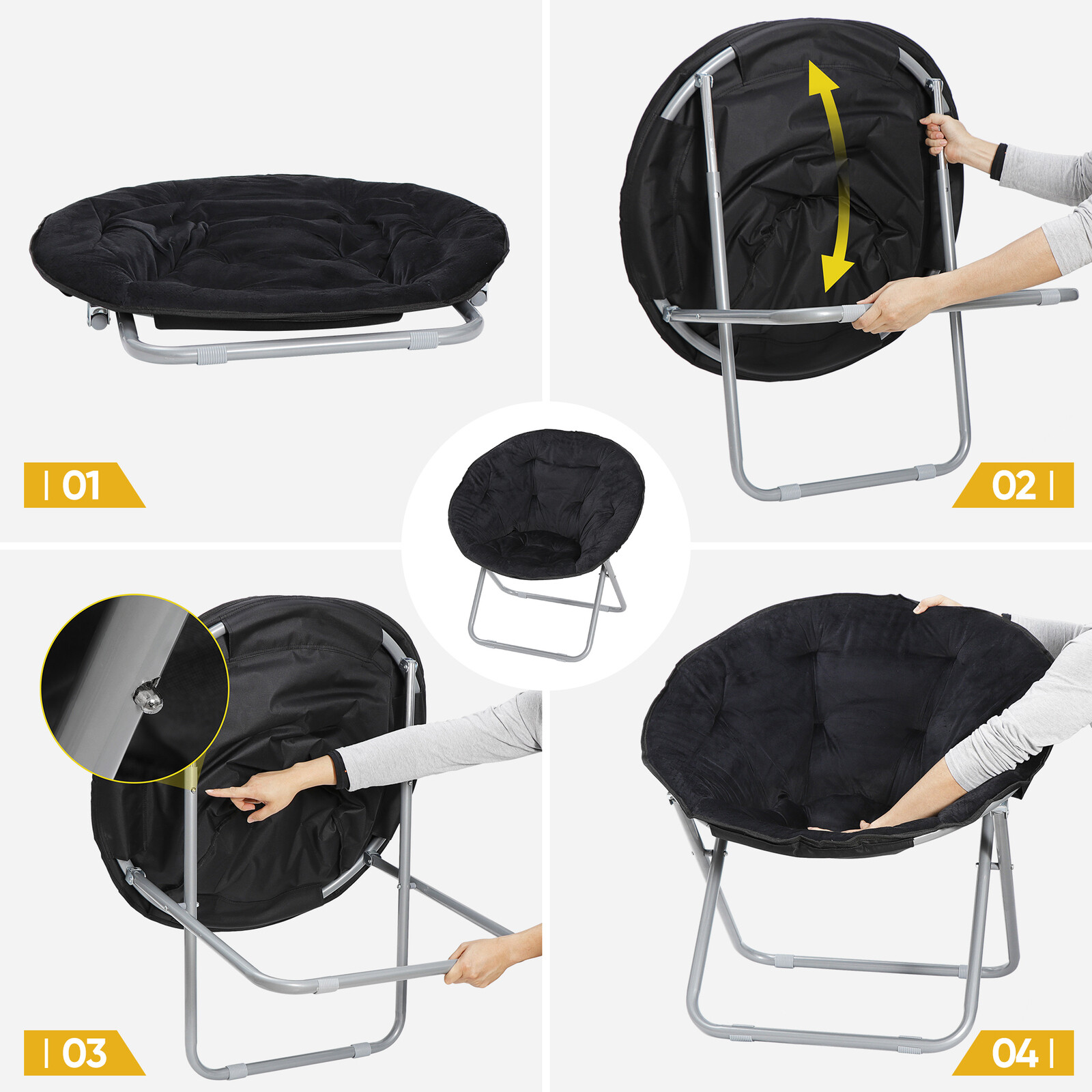 Saucer Chair for Adults Faux Fur Circle Chair Foldable Comfy Accent Seat Black