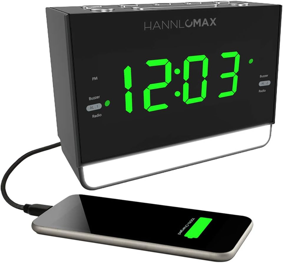 HX-128CR Alarm Clock Radio, PLL FM Radio, 1.2 Inches Green LED Display, Dual Ala