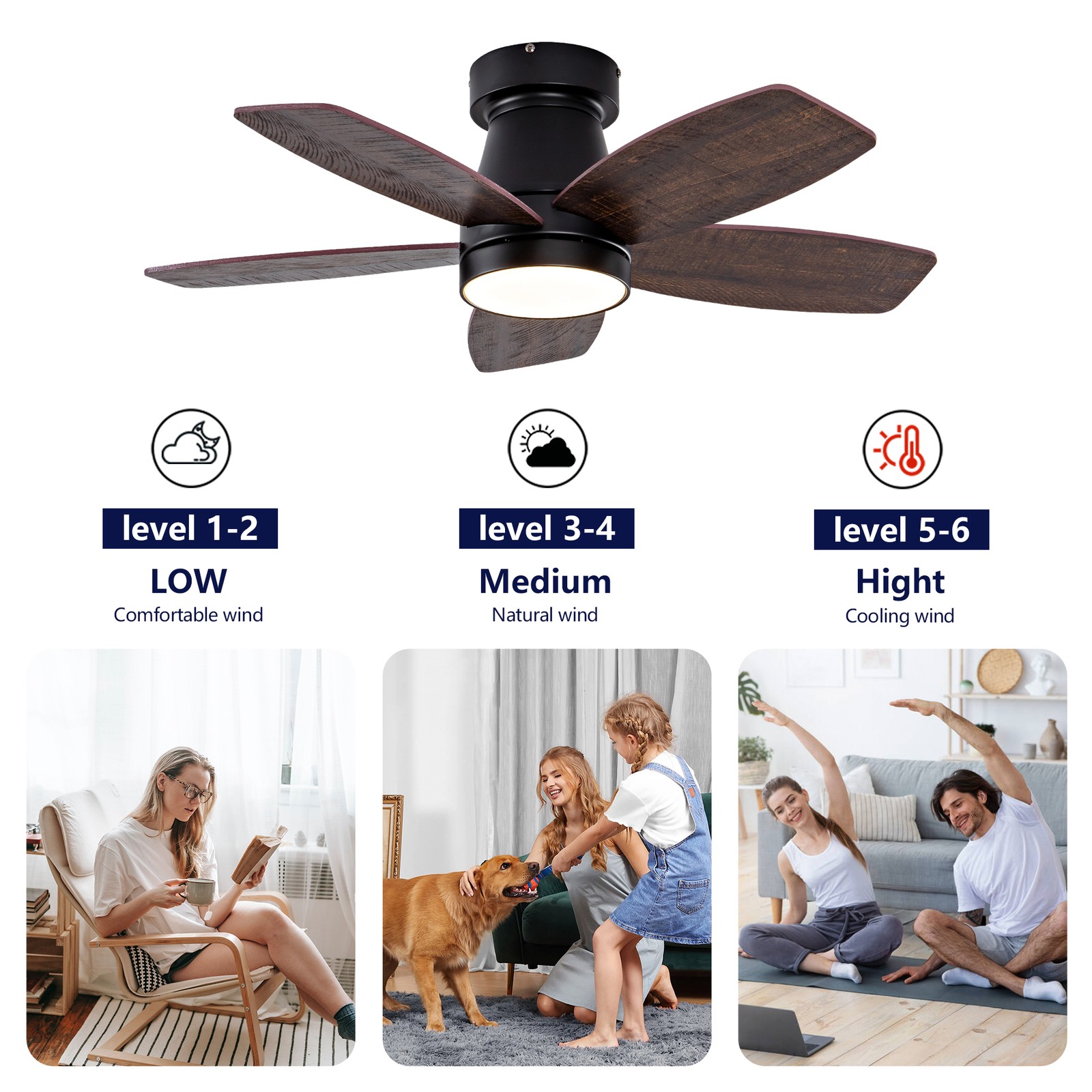 32" Low Profile Ceiling Fan with Light & Remote, Modern Ceiling Fan for Bedroom