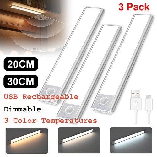 3 Pack Rechargeable LED Under Cabinet Lights Motion Sensor 3 Color for Kitchen