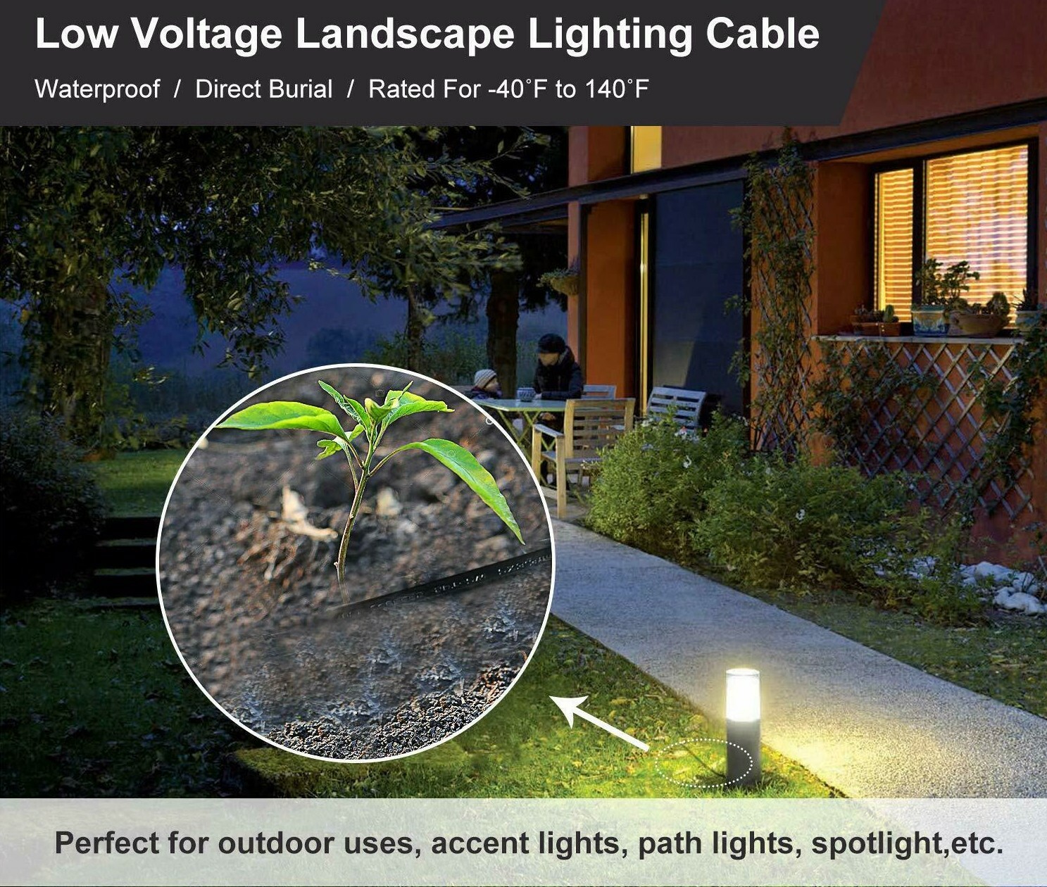 100FT LOW VOLTAGE 14/2 CABLE LANDSCAPE BURIAL COPPER WIRE OUTSIDE LIGHTI 2 CORE