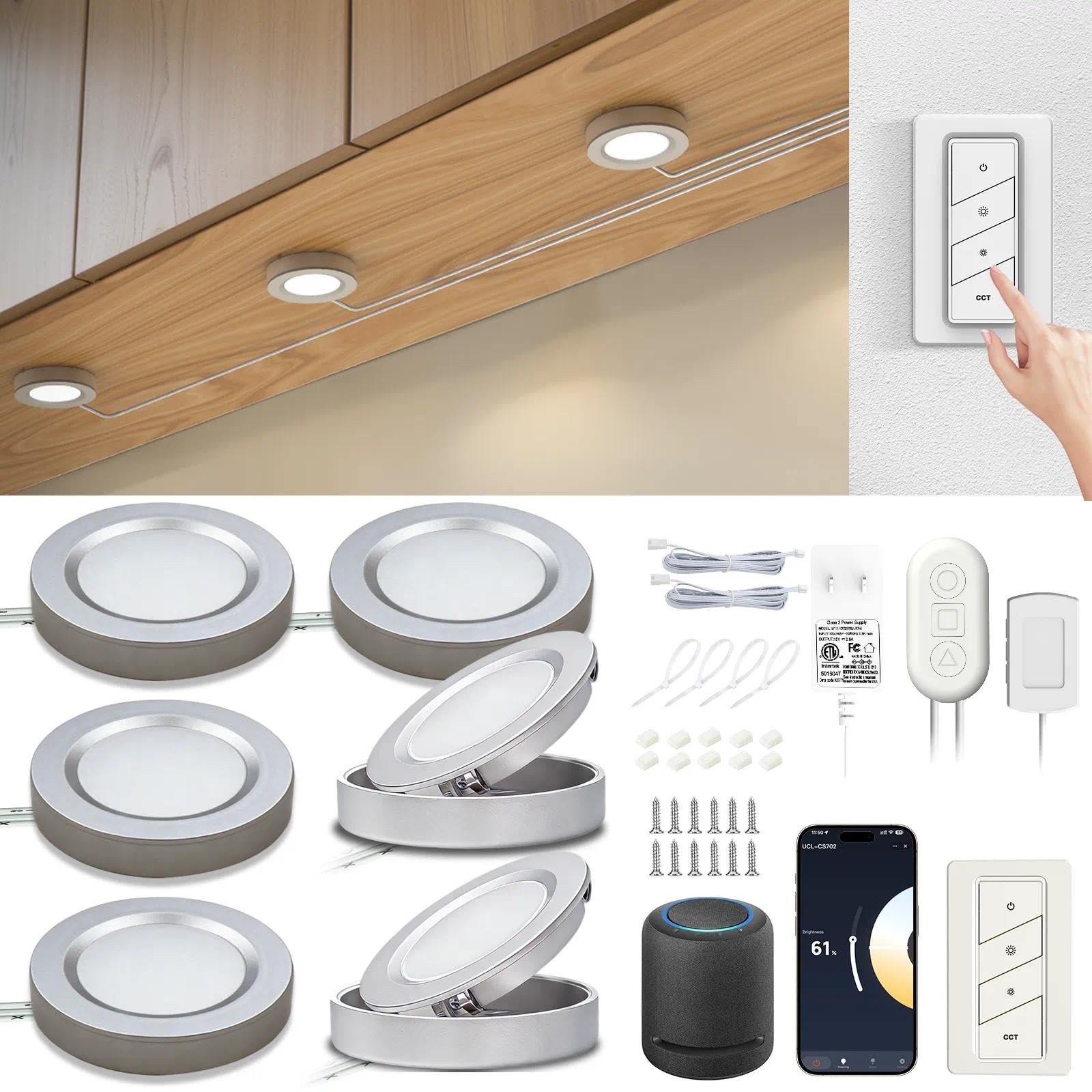Under Cabinet Lights Plug In, 6 Pack Puck Lights with App and Remote Control,...