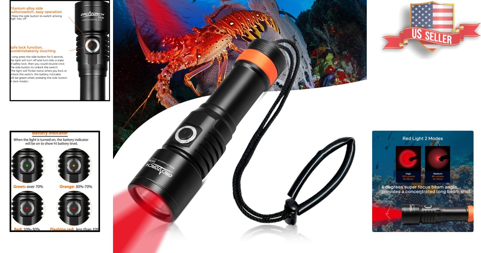 Compact 210 Lumen Dive Light with Battery Indicator - Perfect for Photography