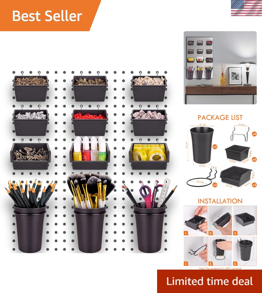 Space Saving Pegboard Organizer Set - 12 Bins & Cups for Garage and Workshop