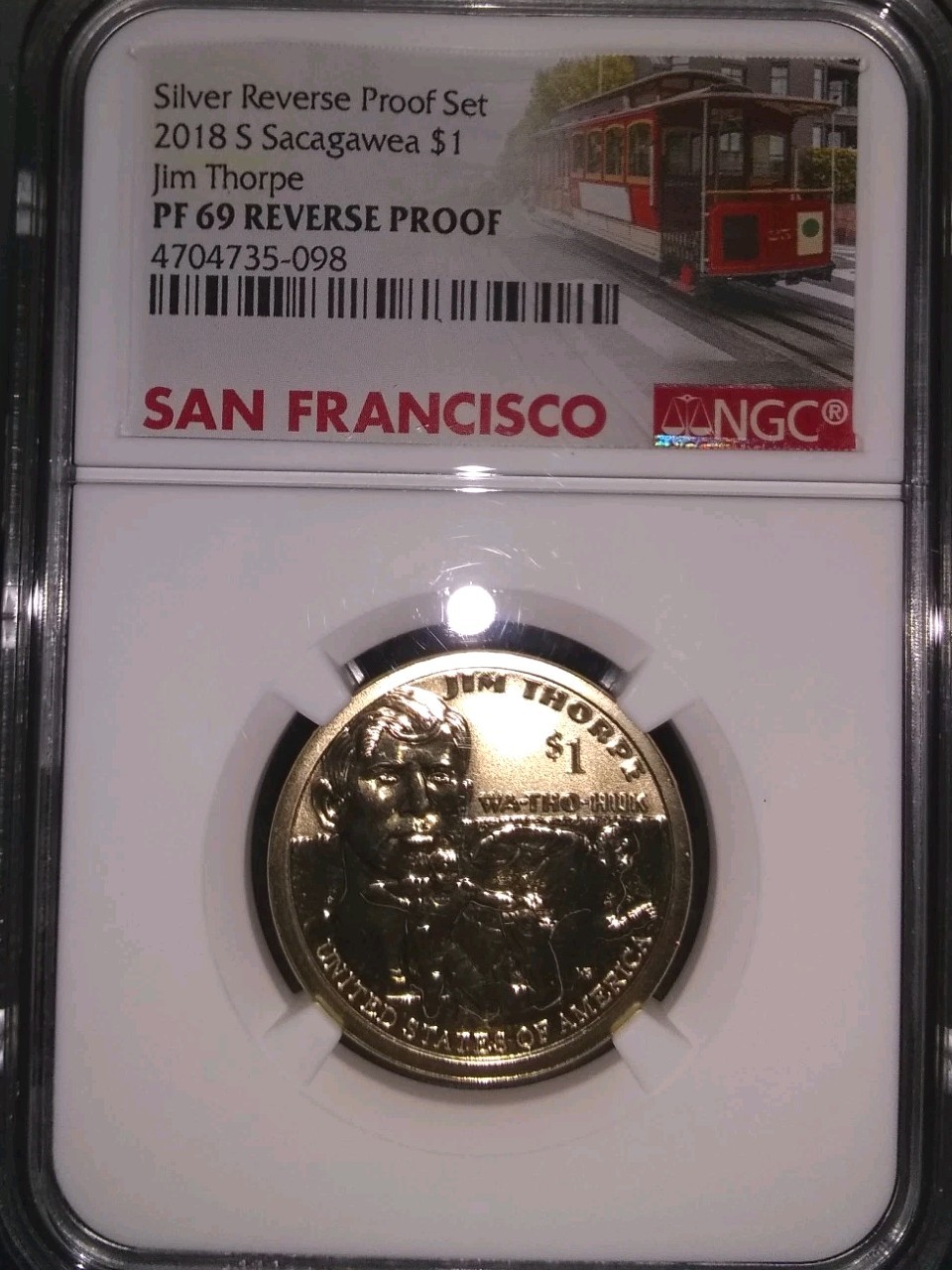 2018-S Reverse Proof Sacagawea Dollar NGC-RPF-69 San Francisco Trolley Label