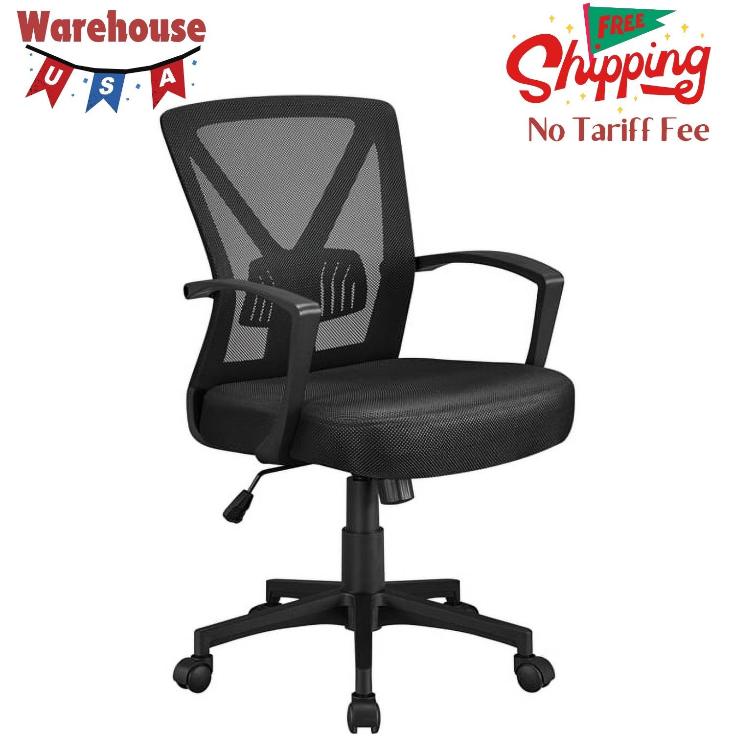 Adjustable Mesh Office Chair Mid Back with Wheels, Black