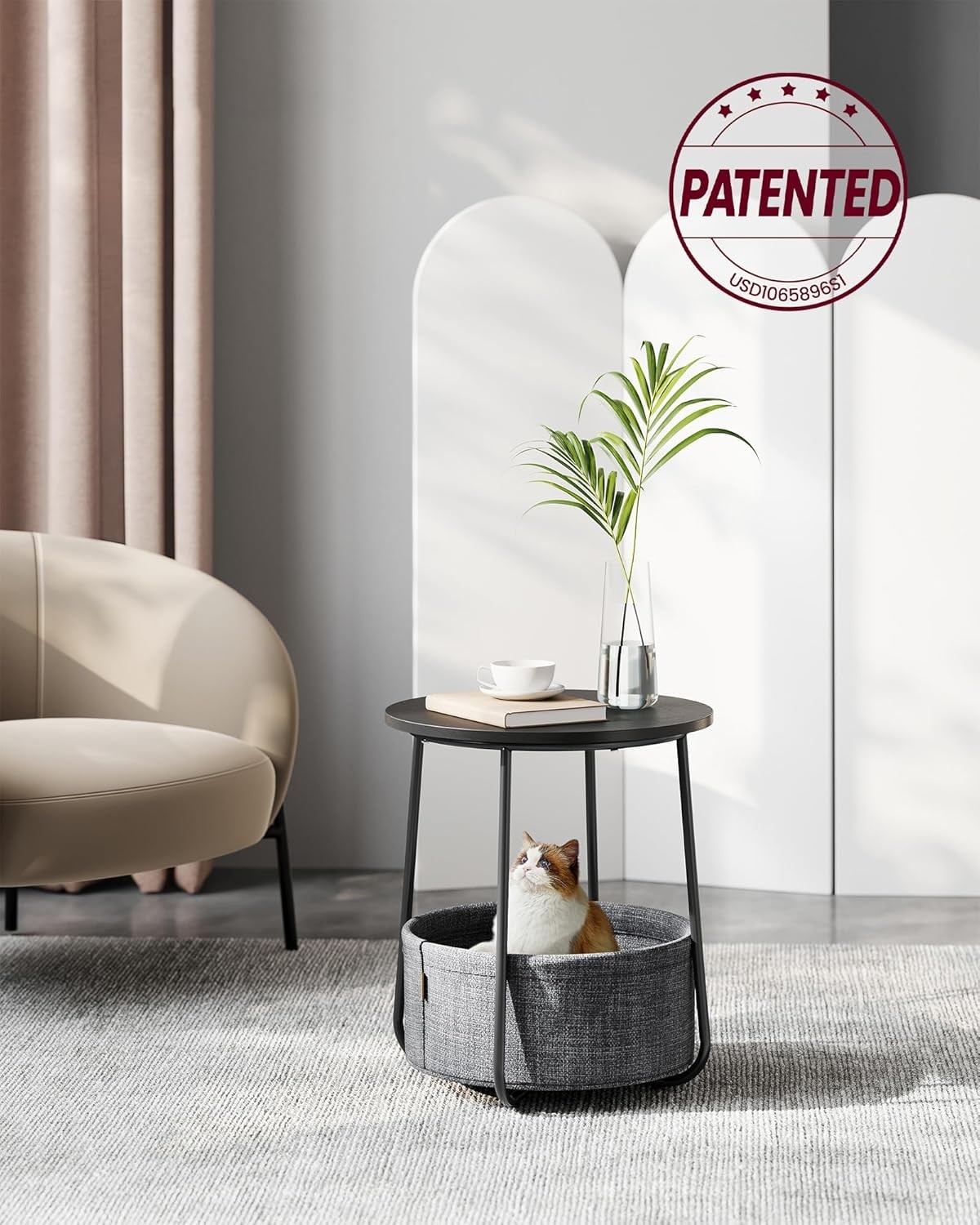 Collection Small Round Side End Table Modern Nightstand W/ Fabric Basket Durable