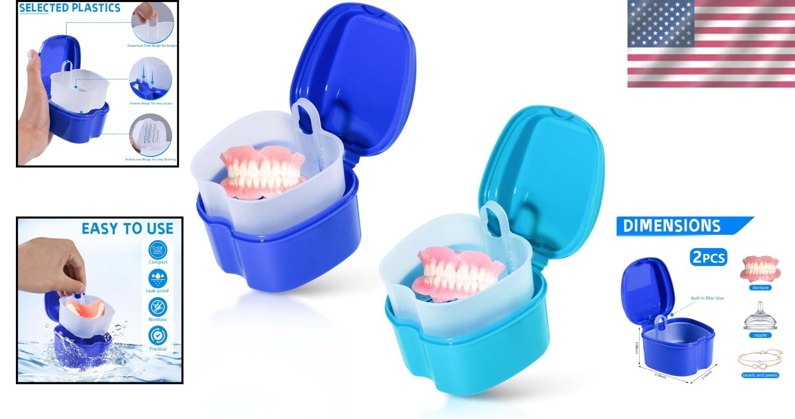 Environmentally Friendly 2 Pack Denture Cleaner Case with Easy Access Strainer