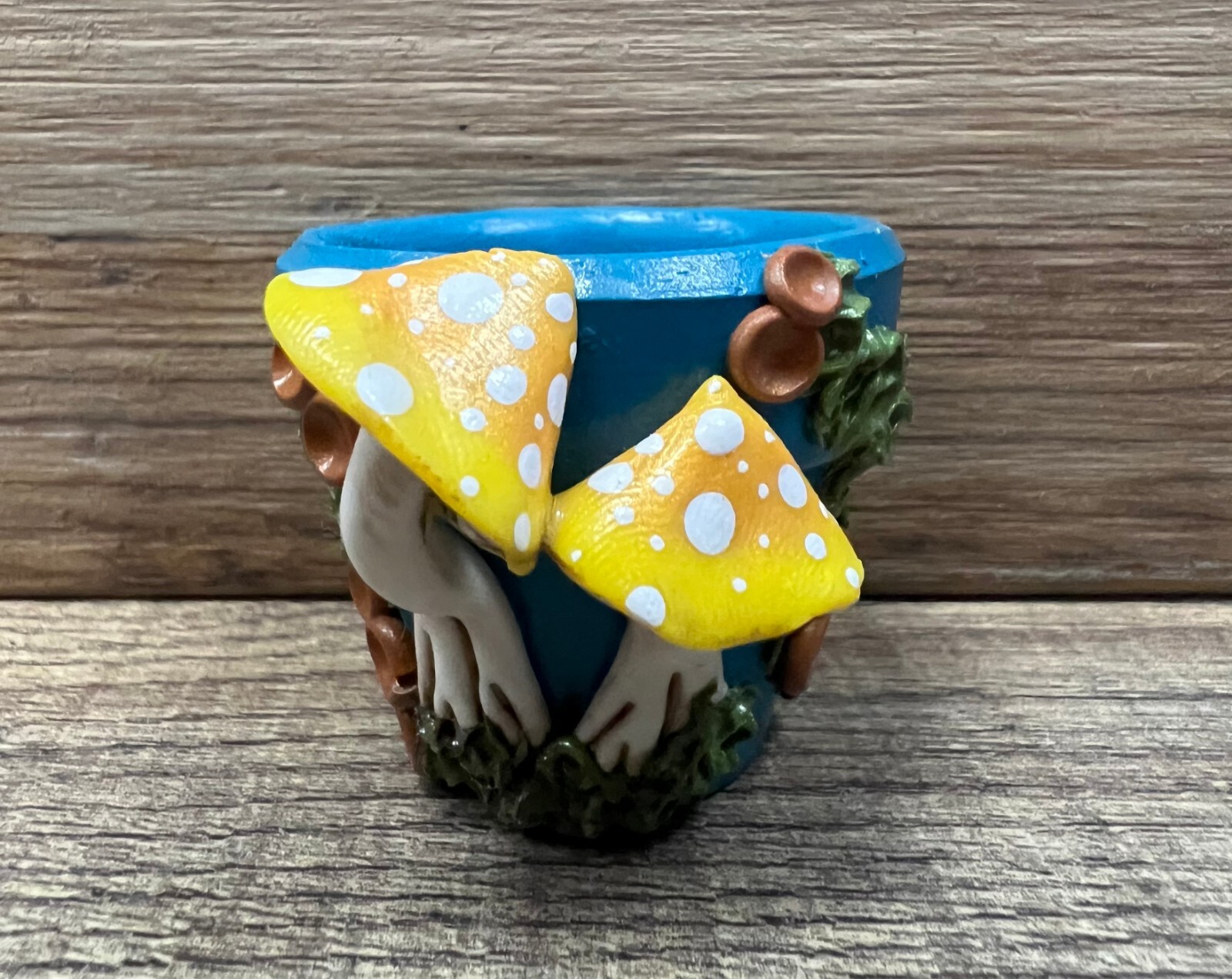 Blue Garden Pot With Handmade Hand-painted Clay Yellow Mushroom Decor 2" x 1.5"