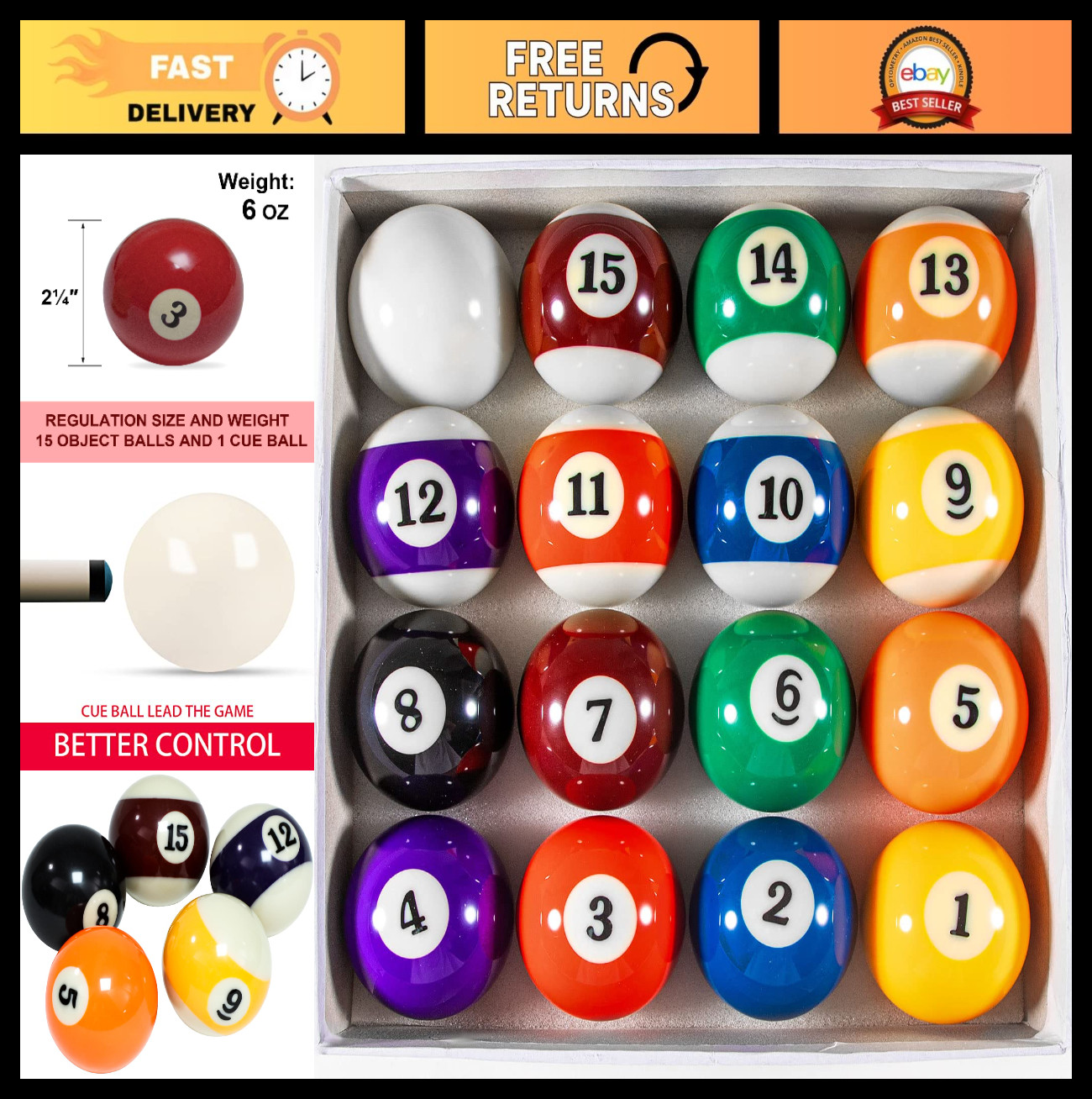 Regulation Size Billiard Balls Set 2-1/4" Pool Table Replacement - 16 Resin Ball