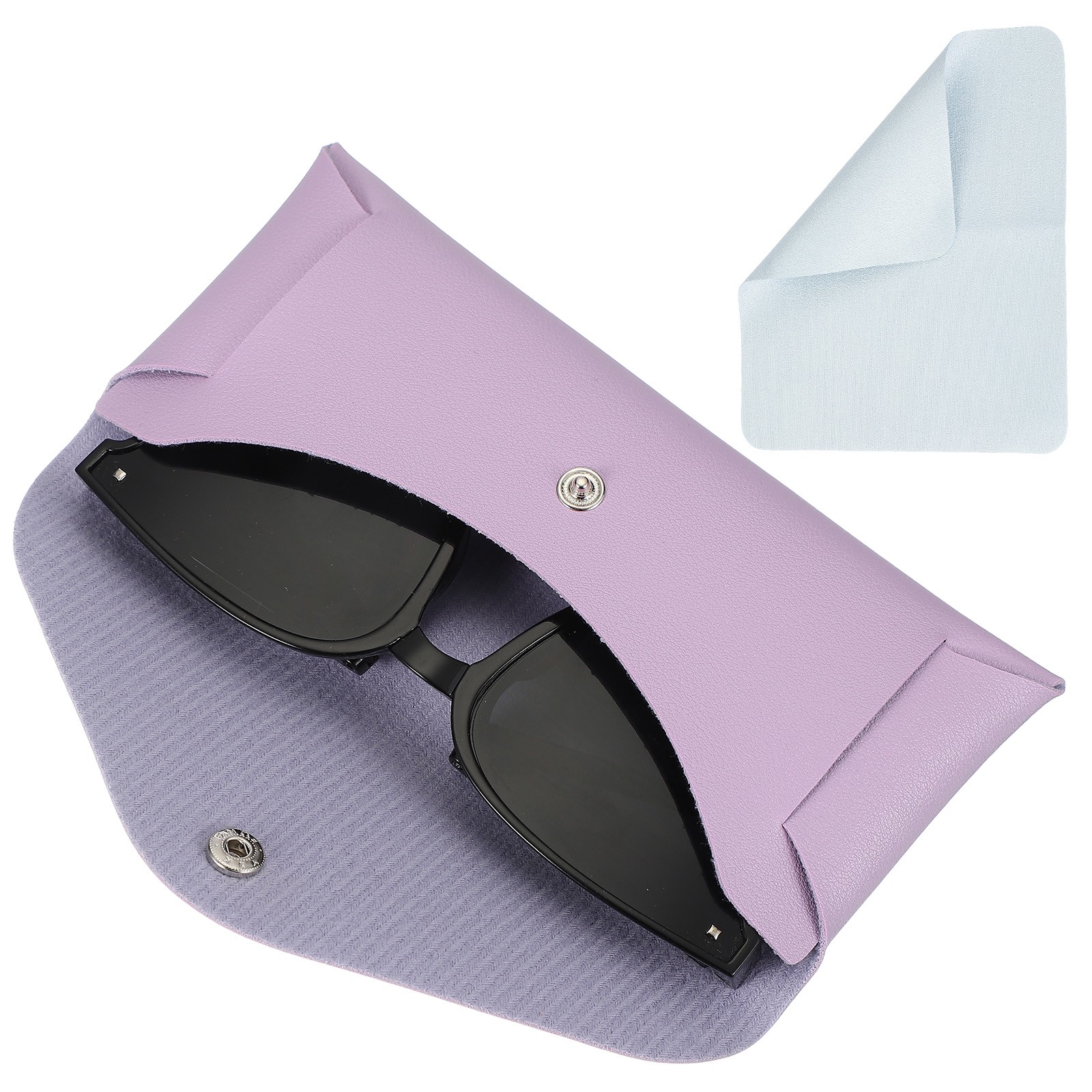 Leather Glasses Case Holder with Button and Cleaning Cloth (Purple)