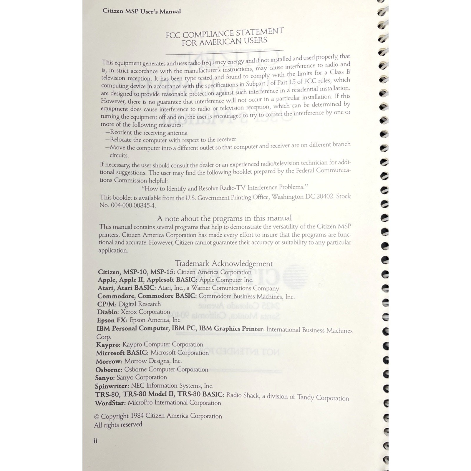 Citizen MSP-10/15 Printer - Manual / Users Guide / Instructions Book