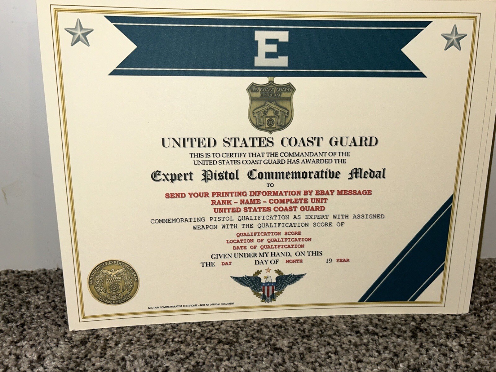 COAST GUARD - EXPERT PISTOL MEDAL COMMEMORATIVE CERTIFICATE ~ W/PRINTING TYPE-1