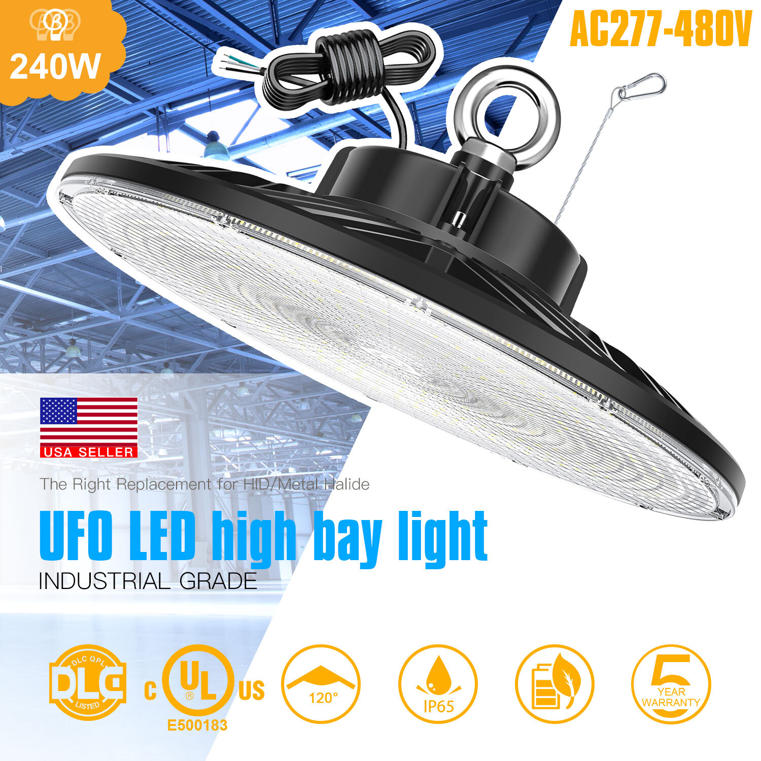 240W LED UFO High Bay Light Dimmable Factory Warehouse Lighting Fixture 277~480V