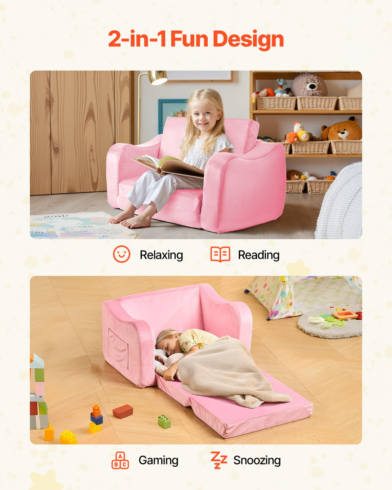 VEVOR 2-in-1 Kids Sofa Chair to Lounger Foldable Soft Couch Pink