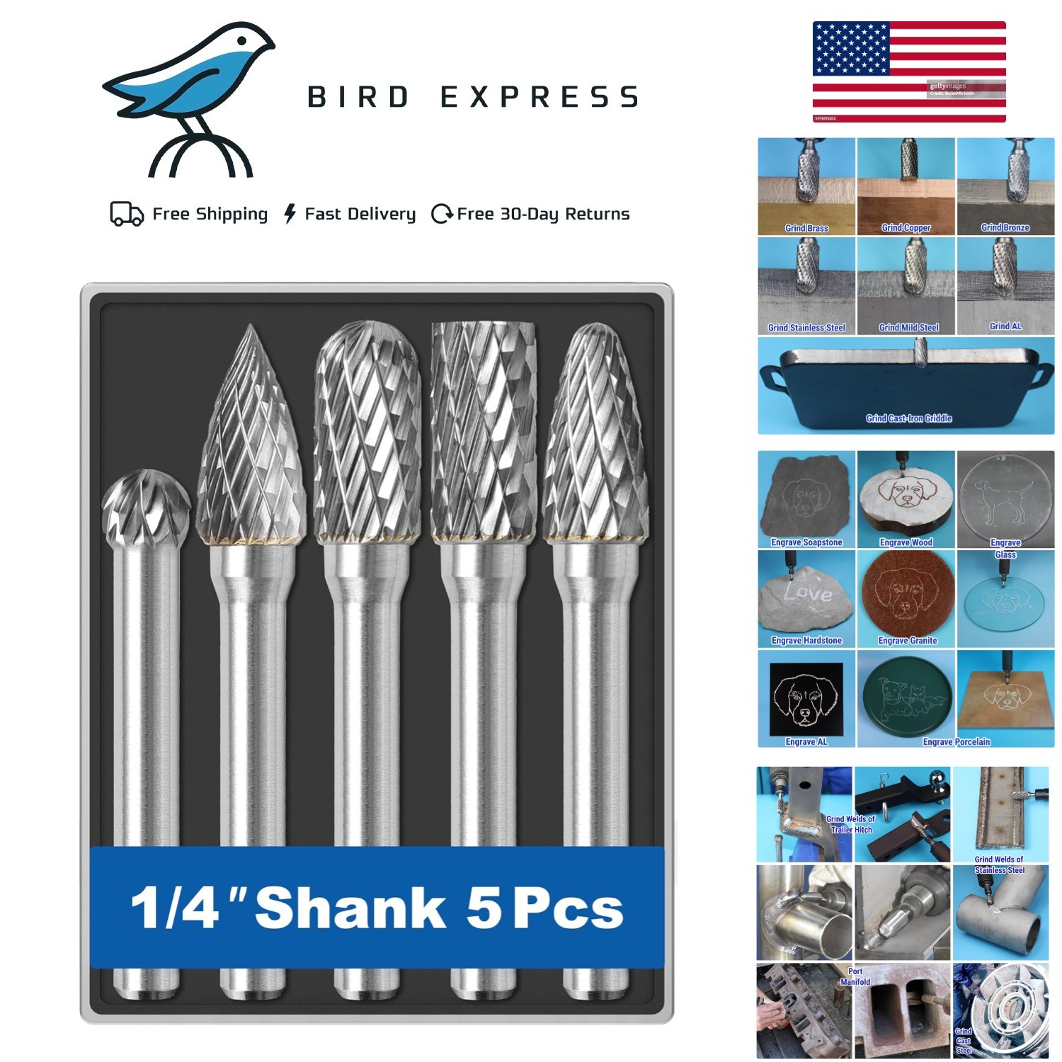5 Pcs 1/4 Carbide Burr Set 1/4 Shank Die Grinder Bits Drill Bits Grinding Bits