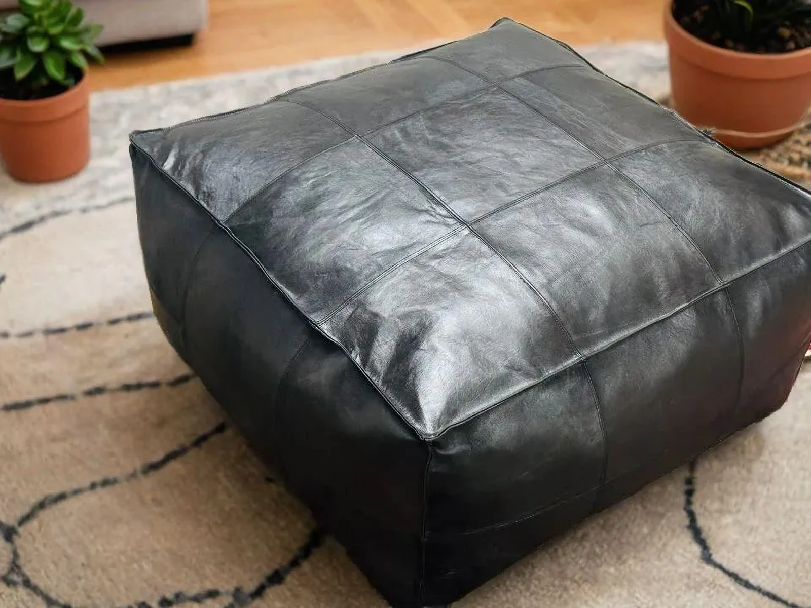 30'' Black Un-Stuffed Ottoman Leather Moroccan Footstool Aamazing Genuine Pouffe