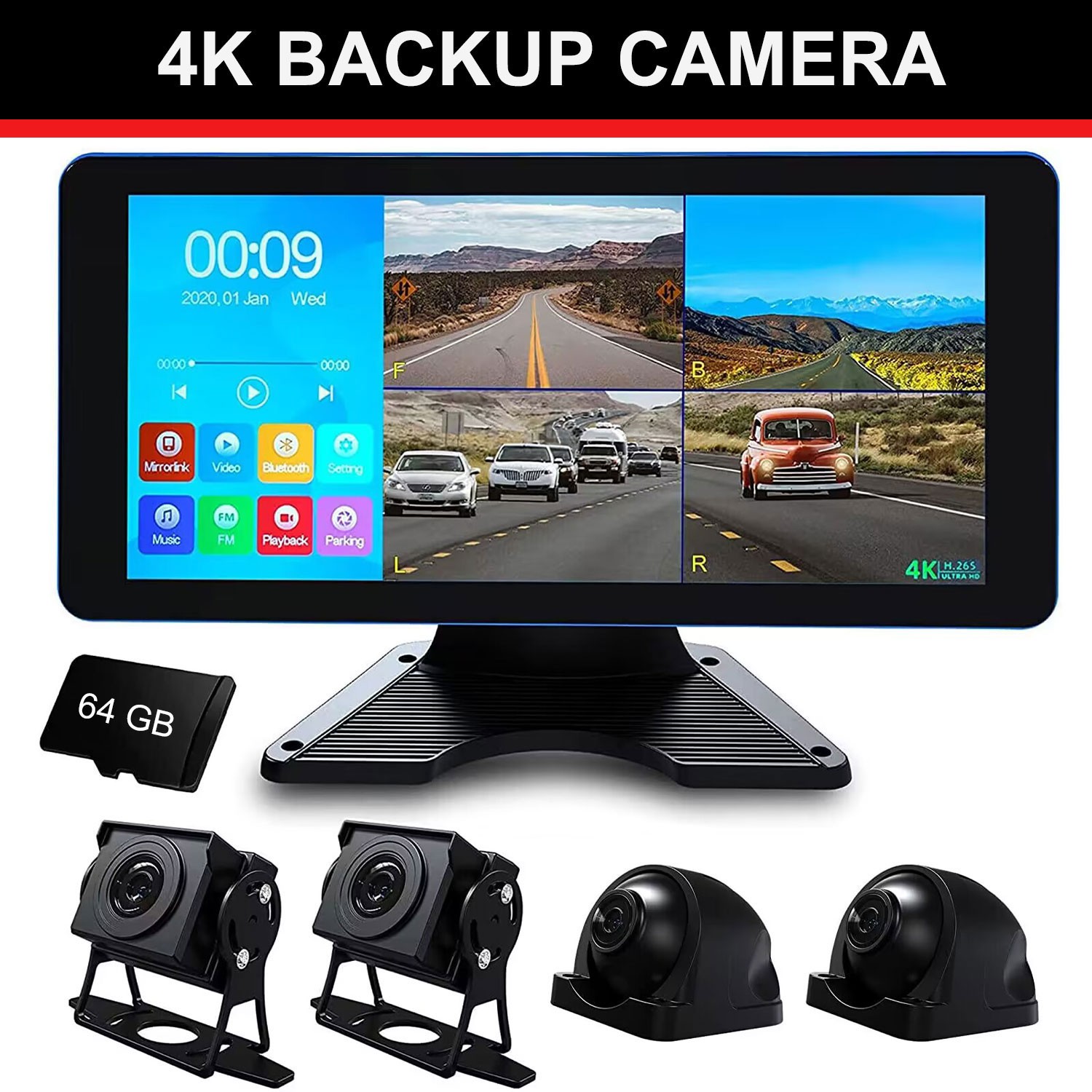 10.36"Touch Screen Monitor 4CH Dash Cam 4K Backup Camera System Sides View