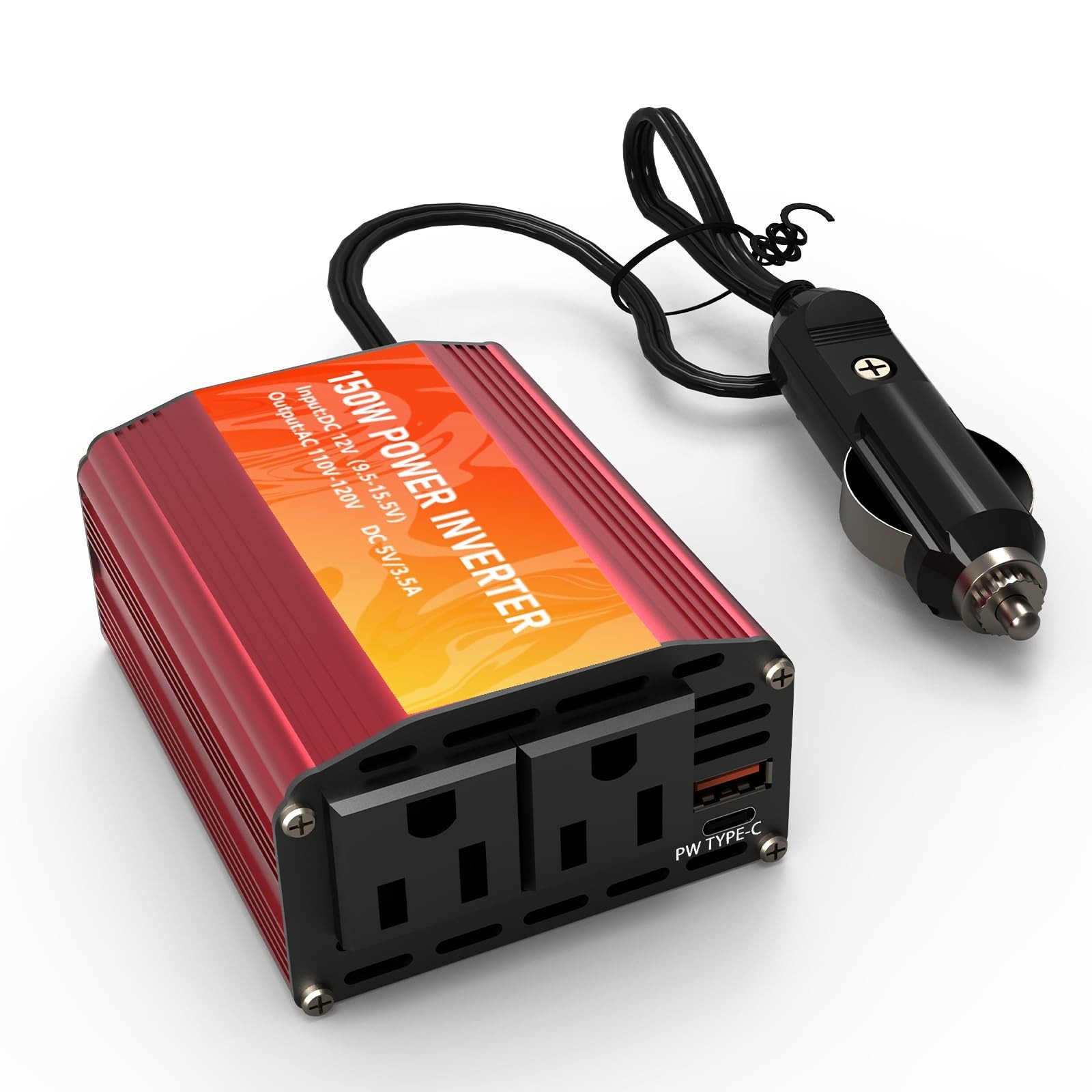 150W Car Power Inverter, 12V DC to 110V/120V AC Inverter with 2 AC Sockets & ...