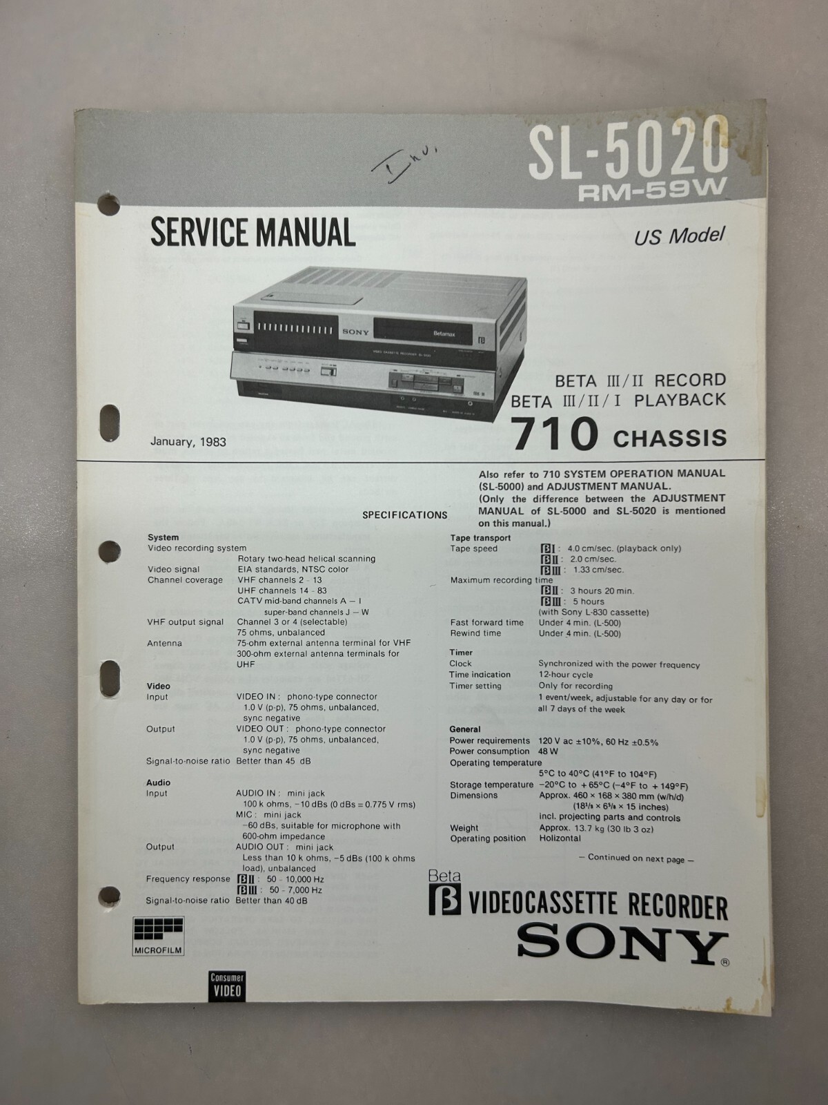 Sony SL-5020 Original Service Manual Free Shipping