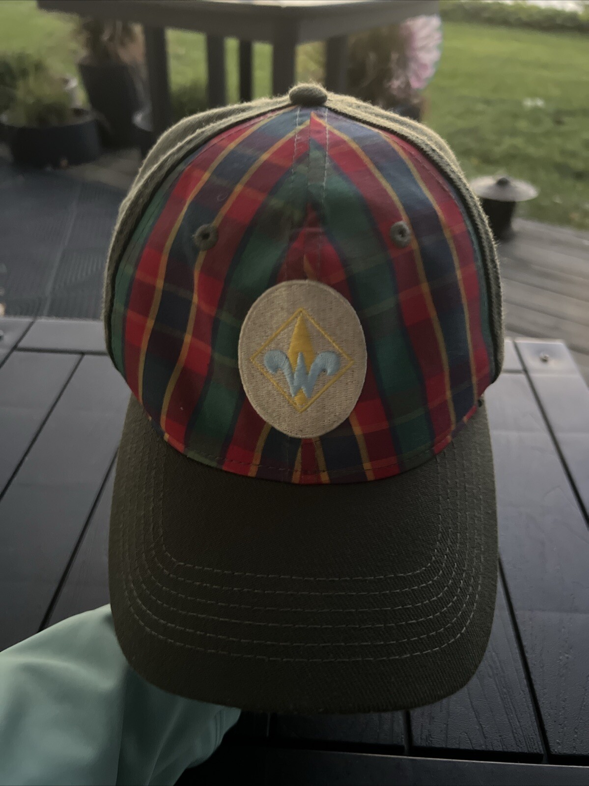 Weblos Olive Green with Plaid and Patch Hat Cap Uniflex Size M/L EUC