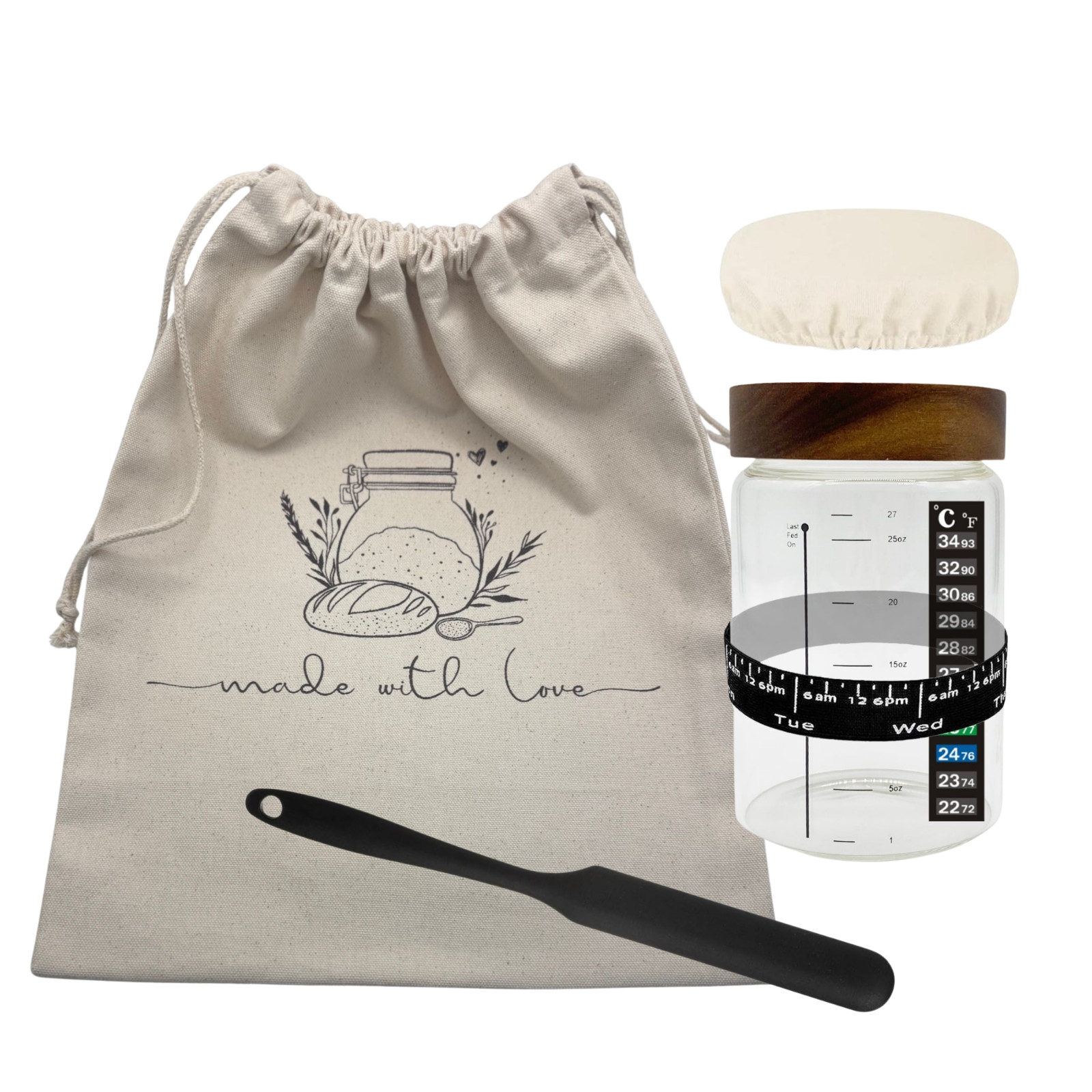 Sourdough Starter Jar Kit  32 oz Glass Jar, Measure Band, Wood Lid, Scraper, Bag