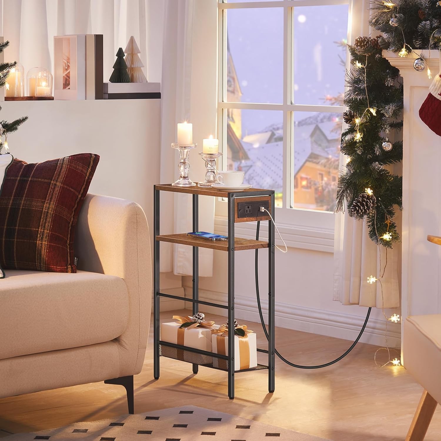 HOOBRO Small Narrow Side Table with Charging Station, Rustic Brown + Black