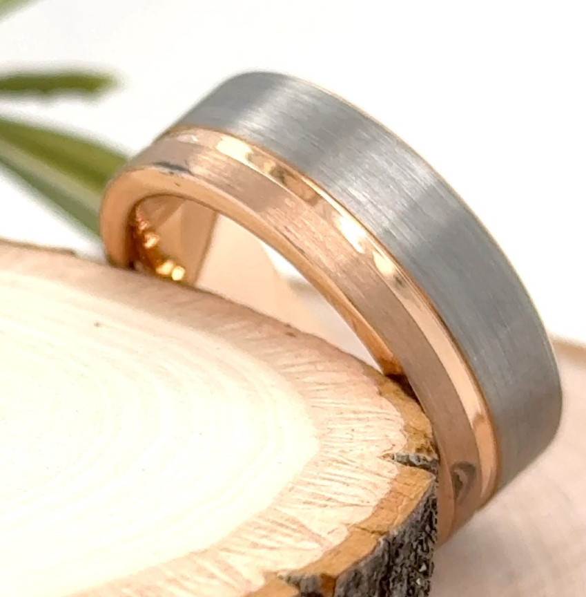 8mm Dual Rose Gold Brushed Silver Tungsten Carbide Ring Elegant Unisex Band