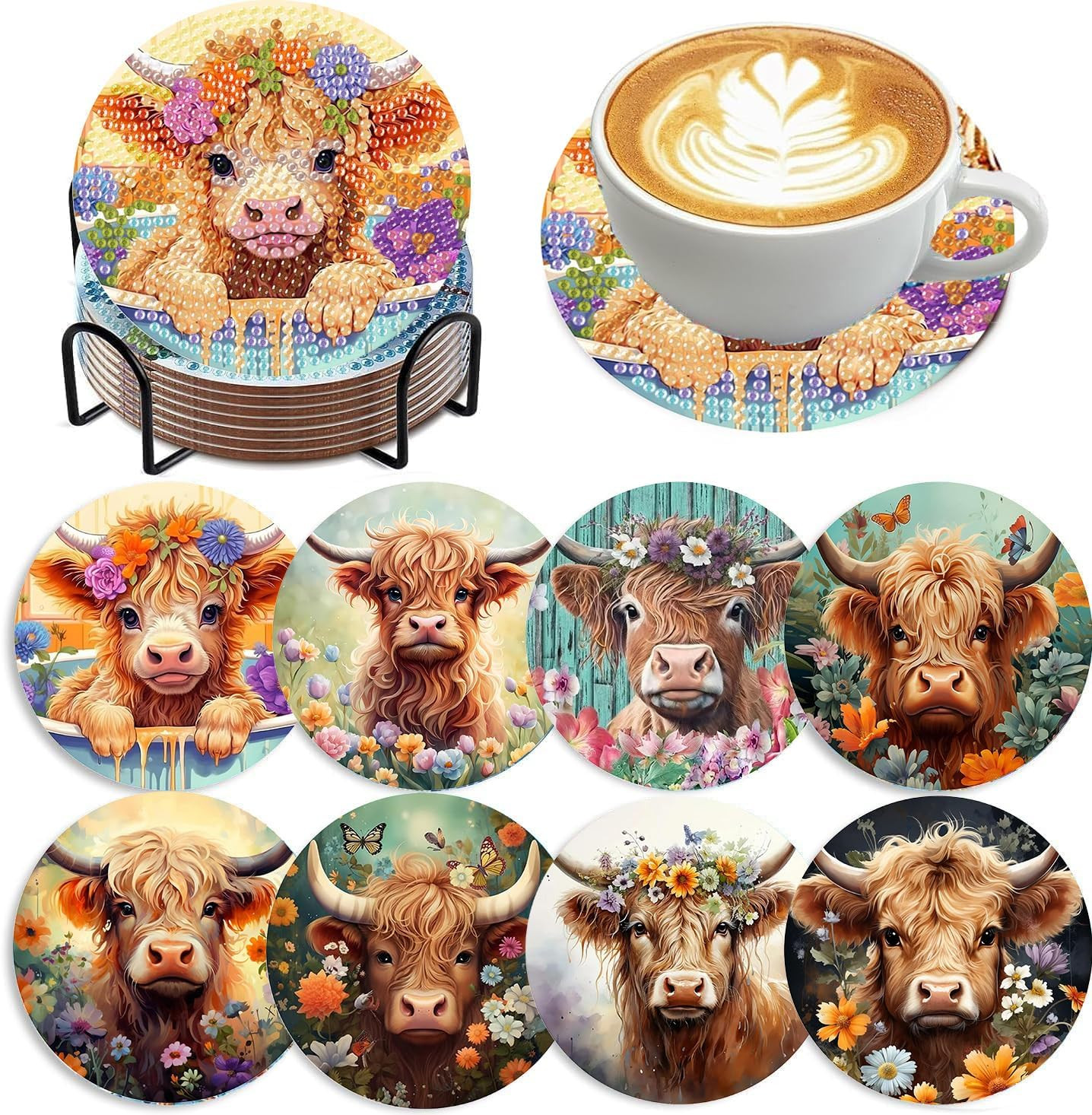 mrpwnle 8 Pack Diamond Art Coasters Kits - Highland Cow Diamond Painting Coaster