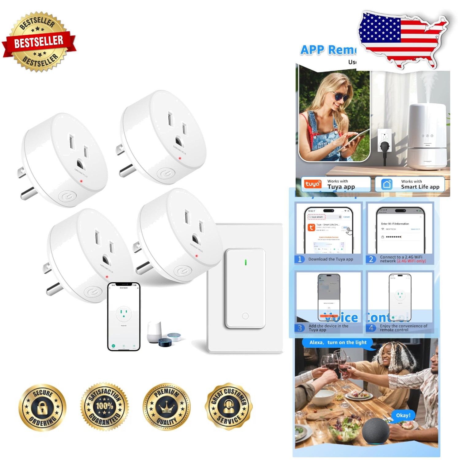 Smart Outlet 4pk Alexa Google Home Detachable Remote Control