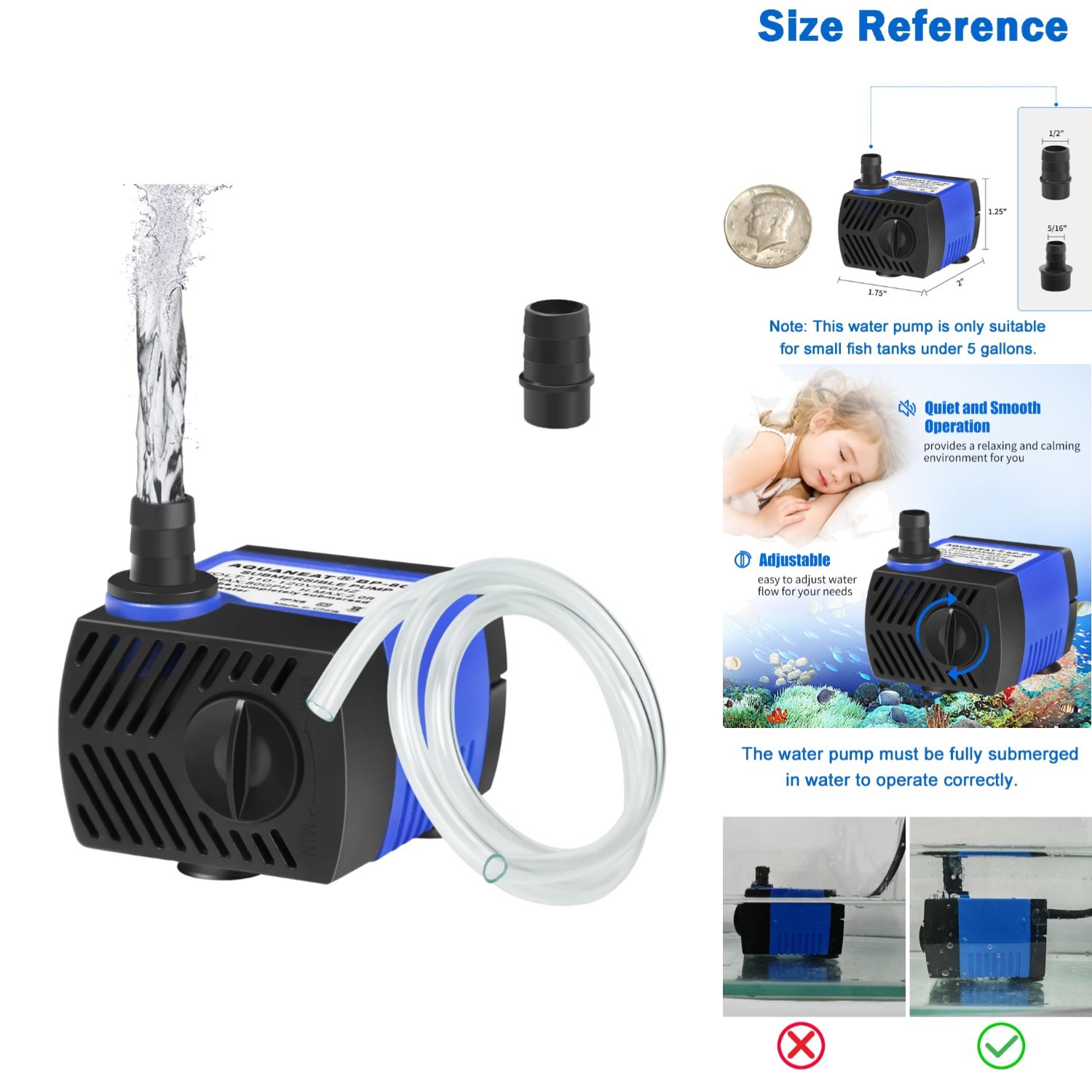 Mini Submersible Pump 80GPH Fountain Water Pump for Hydroponics Aquarium Pond