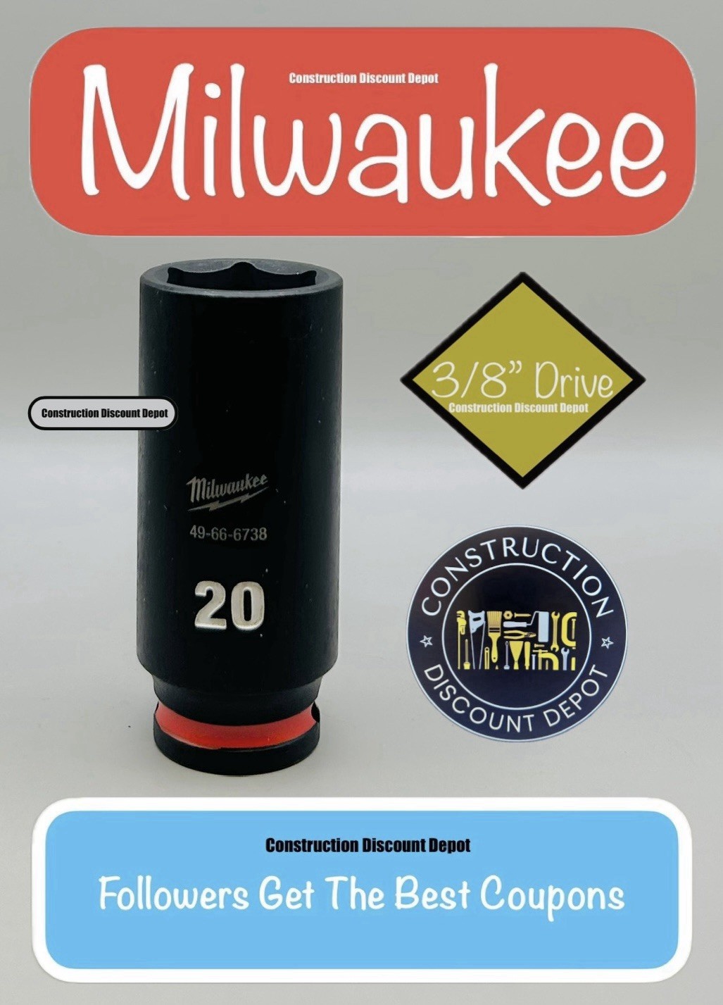 Milwaukee 49-66-6738 20MM Shockwave Impact Duty 3/8" Drive Deep Socket 20 mm