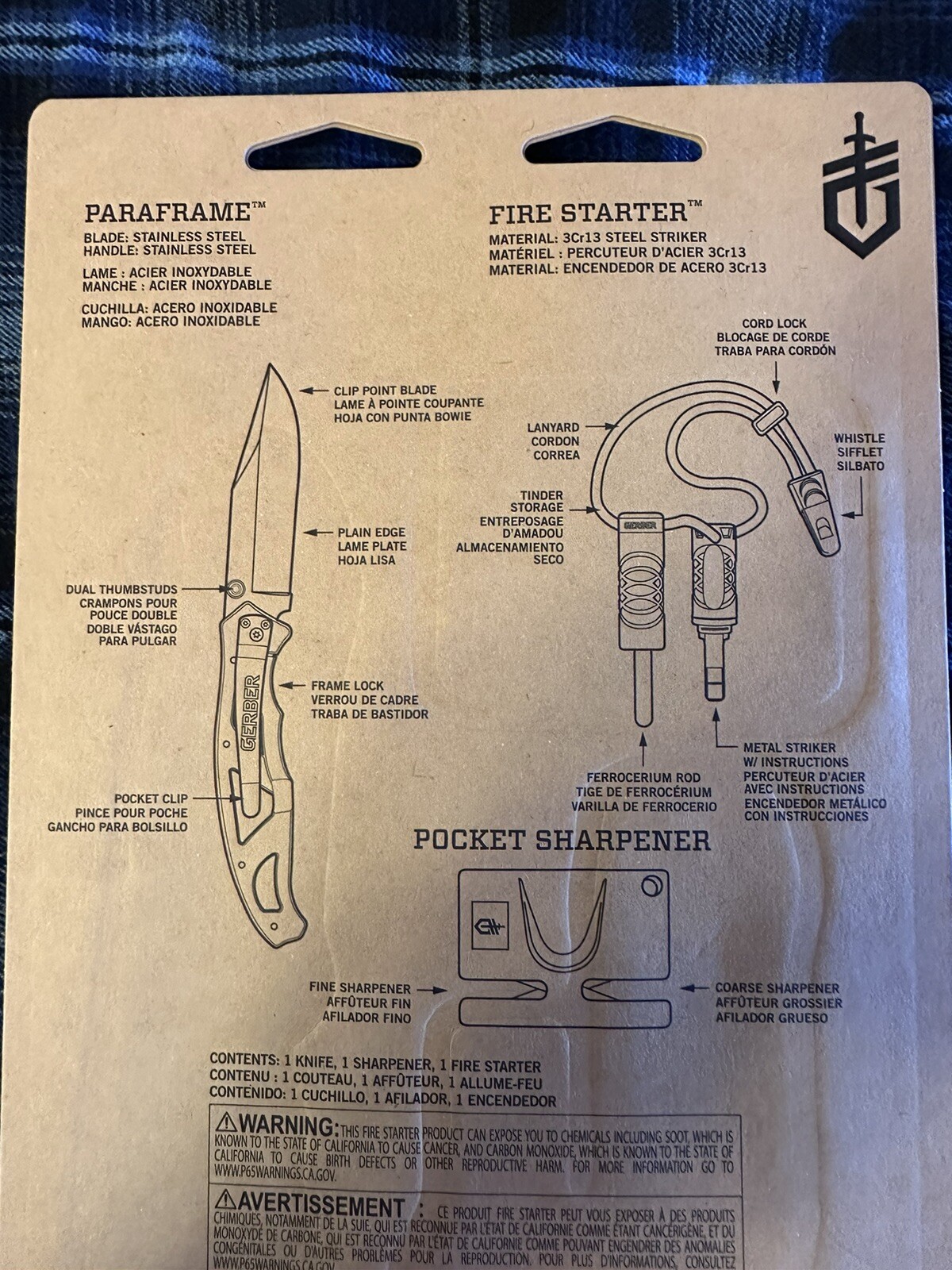 New Gerber Paraframe Folding Knife Combo Kit Fire Starter & Sharpener 31-004134