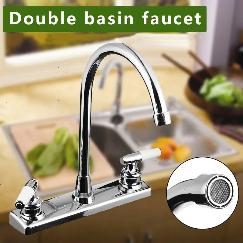 Chrome Kitchen Sink Faucet Dual Handle 8 in Centerset Swivel Basin RV Mixer Tap