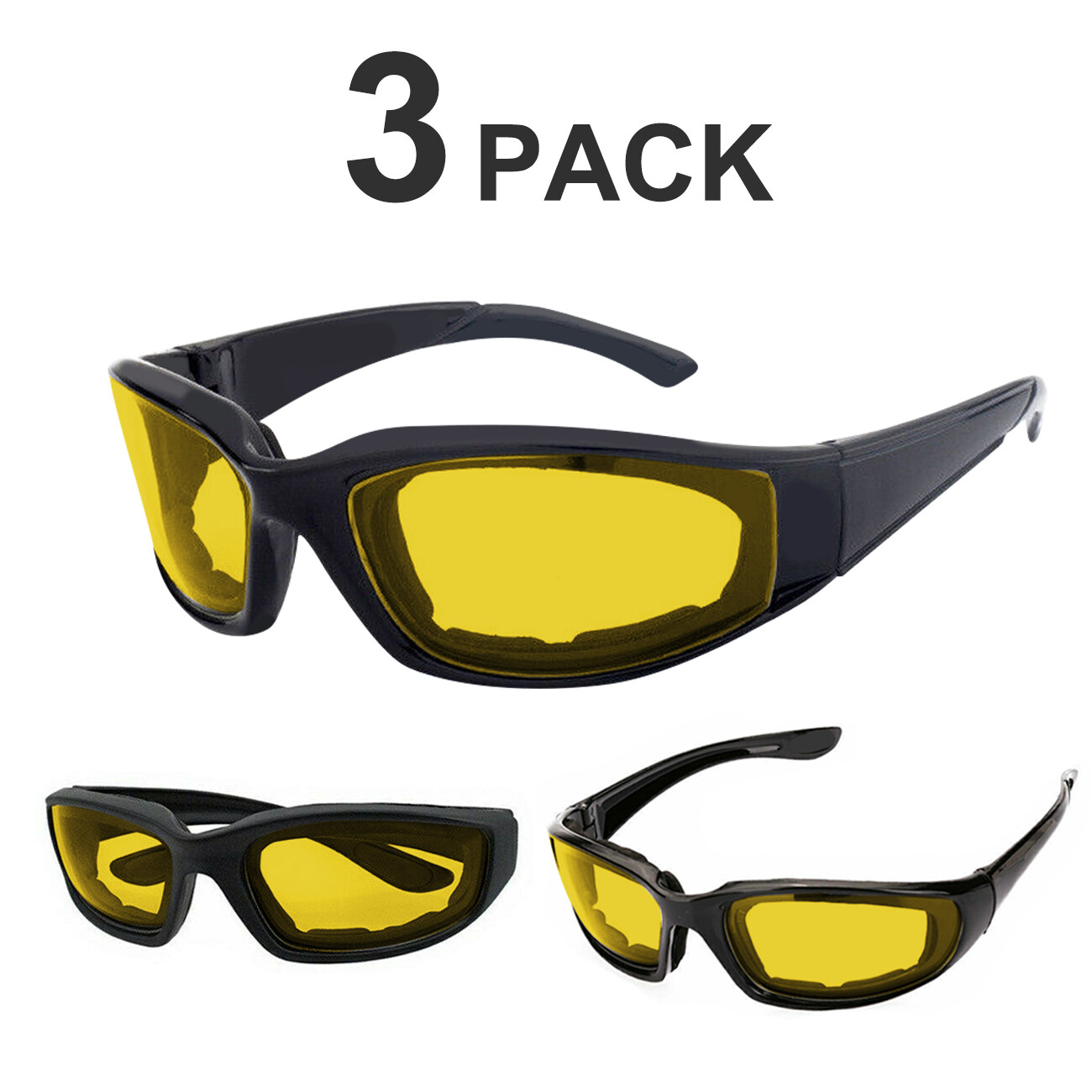 3 x Yellow Lens Chopper Foam Wind Resistant Sunglasses Motorcycle Riding Glasses
