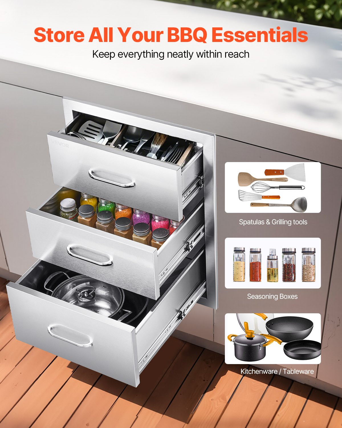 VEVOR Triple-Access Stainless Steel Outdoor Kitchen Drawer, 18x23x23 in