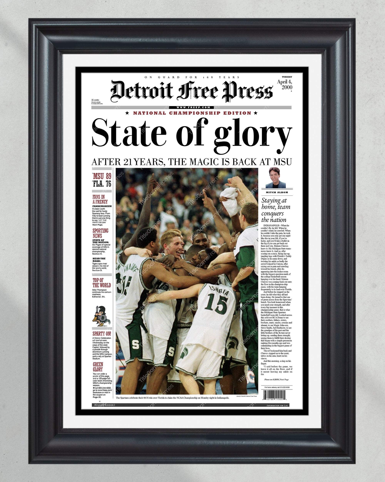 2000 Michigan State Spartans NCAA College Basketball Champions Framed Front Page