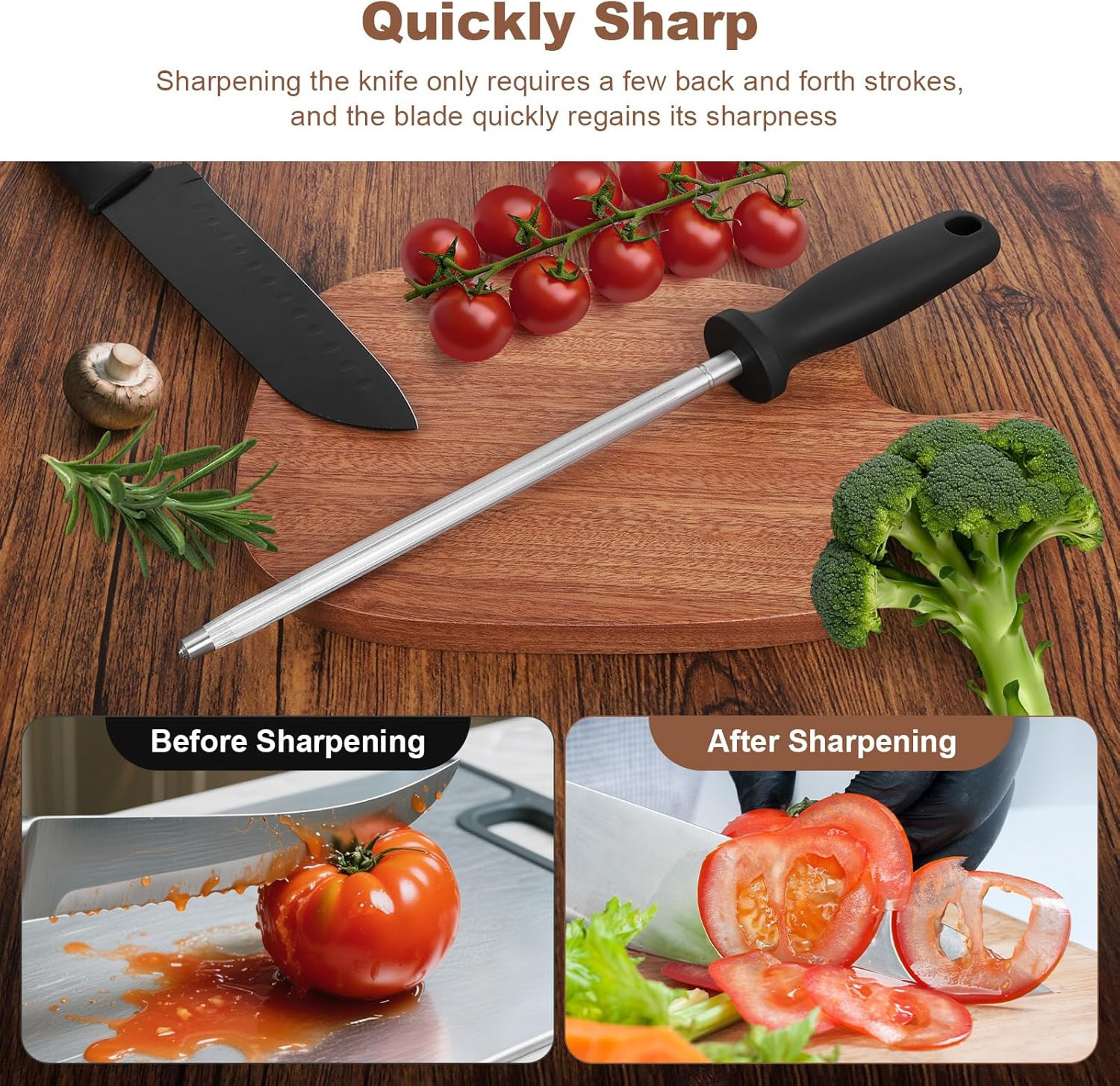12 Inches Knife Sharpening Steel Rod, High Carbon Steel Honing Rod with 9 Inc...