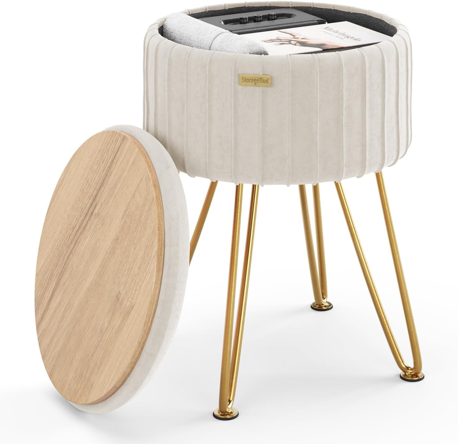 Round Ottoman W/ Storage Pleated Velvet Storage Ottoman Foot Stool