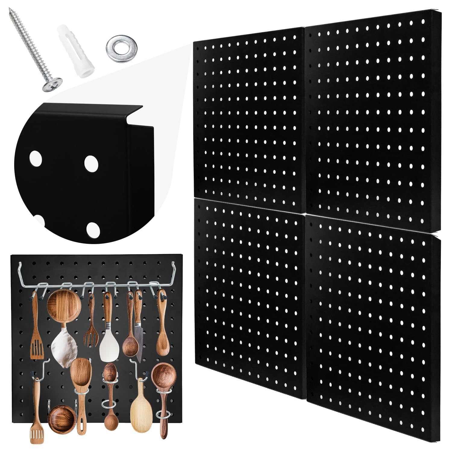 4 PCS Black Metal Pegboard Panels 12x12 Inch Wall Organizer Tool Garage Room
