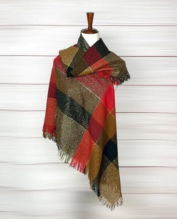 NWOT Ben Goodman Scarf Shawl Vintage Large Plaid Sparkly Red Olive Green Japan